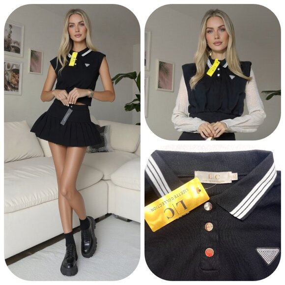 NWT Lizette Collection Polo Top Rhinestone Logo Preppycore Tenniscore Y2K - Picture 1 of 16